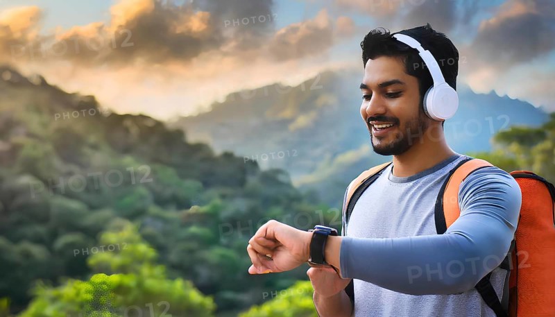 A man wearing headphones and a watch is smiling while looking at his watch. Concept of relaxation and enjoyment as the man is outdoors in a natural setting, AI generated