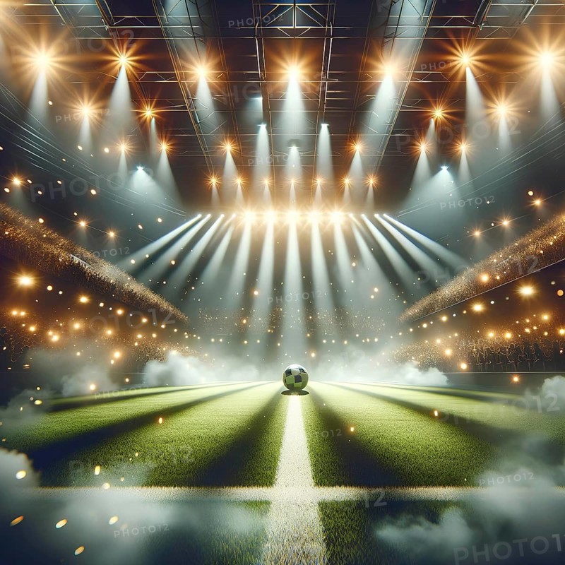 A soccer ball in the spotlight at a stadium, with a vibrant crowd and dynamic lighting, AI generated