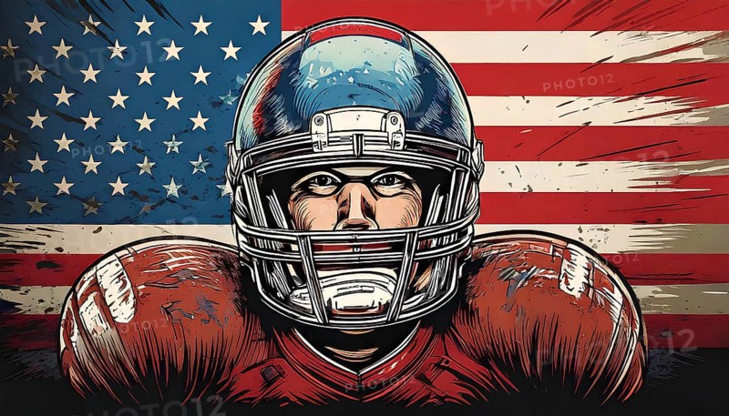 Powerful illustration of an american football player, ready for the super bowl, with the usa flag in the background, AI generated