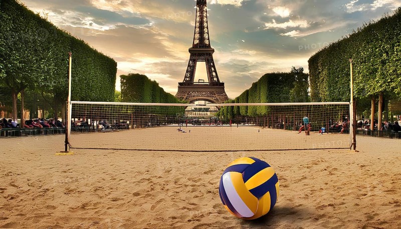 A volleyball court set up near the Eiffel Tower, highlighting the excitement and preparation for the Paris 2024 Olympics, AI generated