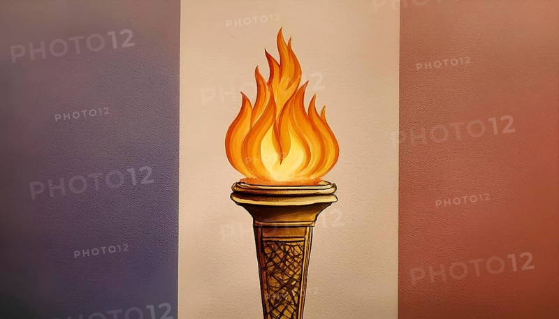 A drawing of a torch with a flame on top of a cone. The drawing is in a foreign language and has a blue background. paris 2024 olympic games, AI generated