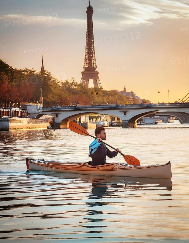 A man paddles a canoe in front of the Eiffel Tower. The water is calm and the sky is orange and pink, AI generated