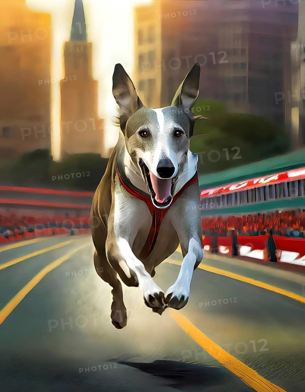 A grey and white dog is running on a track. The dog is wearing a red harness and is smiling. Concept of joy and excitement as the dog runs, AI generated