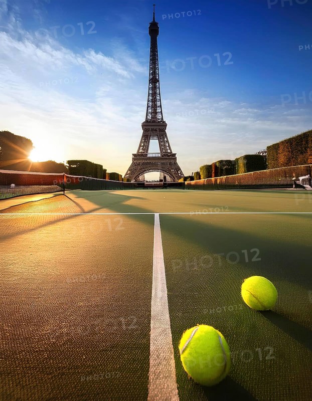 A tennis court with tennis balls and the Eiffel Tower in the background during sunset, symbolizing the Paris 2024 Olympics. The scene captures the beauty of Paris and the excitement of the games, AI generated