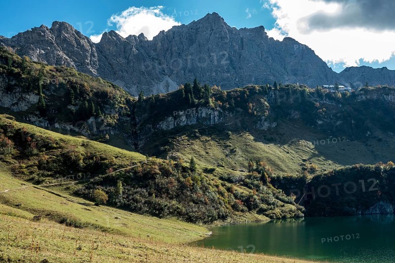Traualpsee, in the back of Lachenspitze, Allgäu Alps, Tannheim, Tyrol, Austria