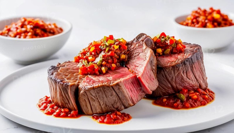 This mouthwatering dish features perfectly cooked steak topped with a colorful salsa, ready to be enjoyed, AI generated