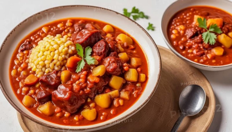 This delicious stew is a perfect meal for a cold day, featuring savory sausage and fresh vegetables, AI generated