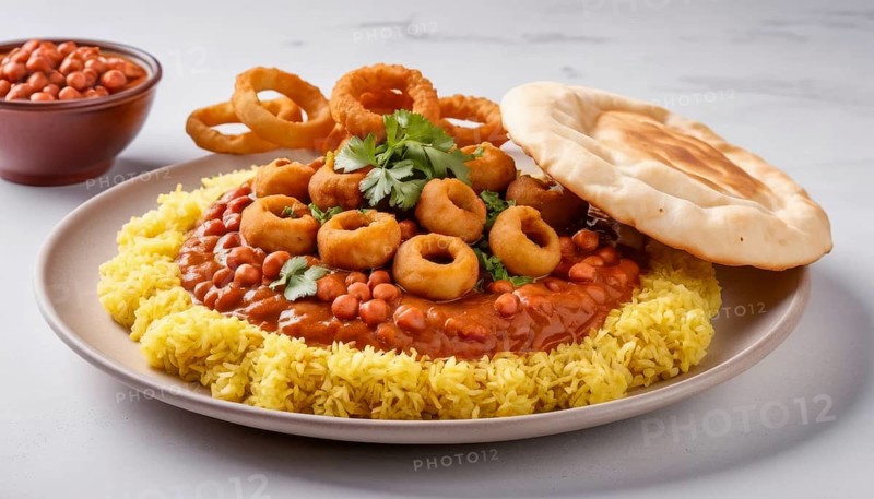 This flavorful dish features a vibrant yellow rice base, topped with savory beans and crispy onion rings, served with naan, AI generated