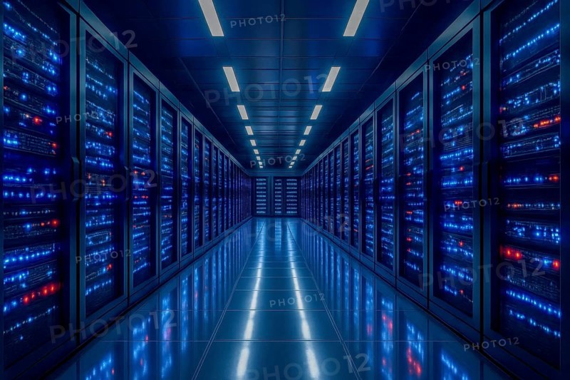 This image showcases a modern data center with rows of server racks, illuminated by blue lights, creating a futuristic atmosphere, AI generated