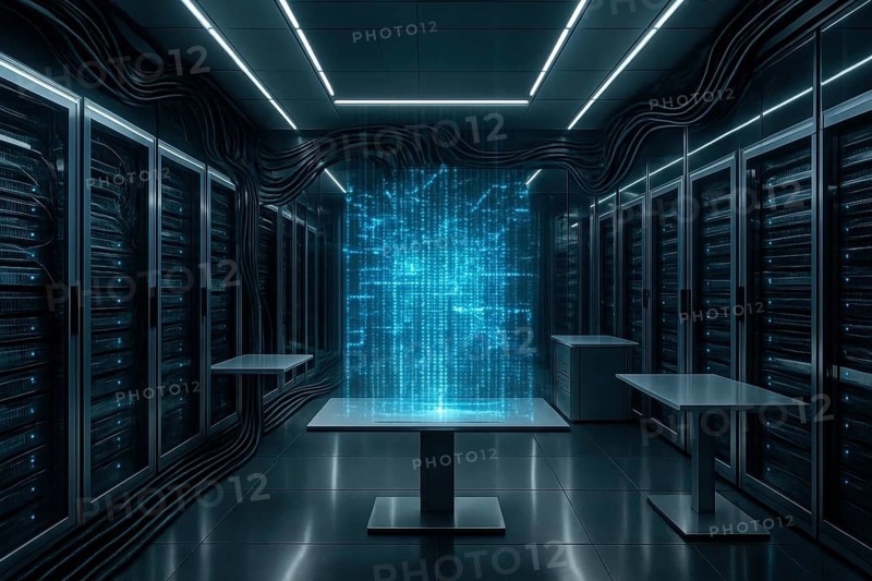 This image showcases a futuristic data center with server racks and a digital display, representing data flow, AI generated