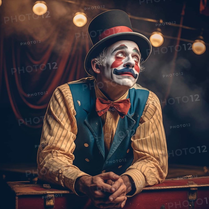 Tired clown after the end of the circus performance, AI generated