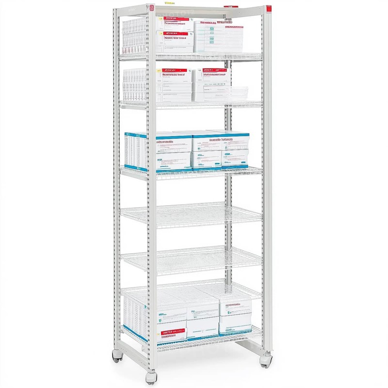 Medical rack for medicines, copy space, AI generated