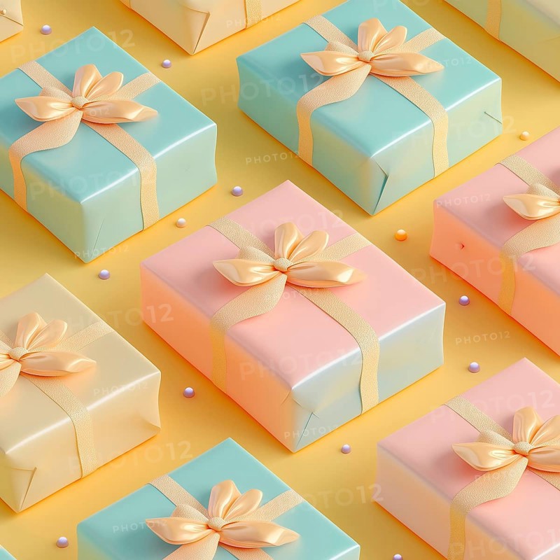 Gift boxes tied with ribbons, in pastel colors, AI generated