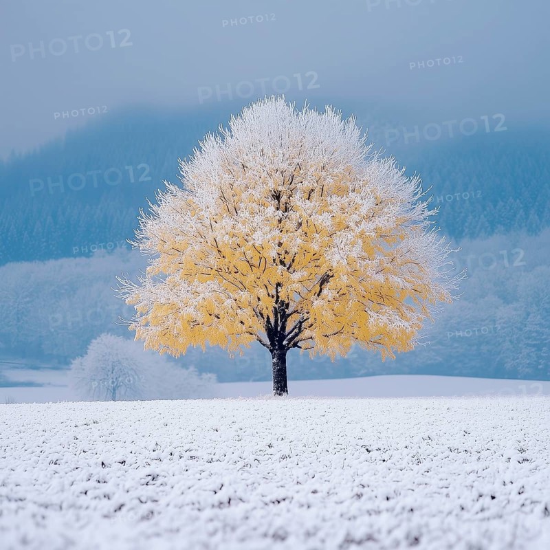 The first snow on the yellow leaves of a lonely tree, on the plain, AI generated