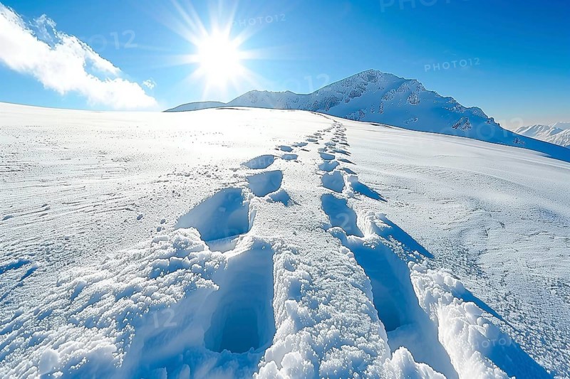 Footprints in the snow, a walk in the mountains in winter on a sunny day, AI generated