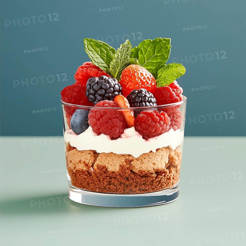 Dessert with cookies, yogurt, berries and mint in a glass, AI generated