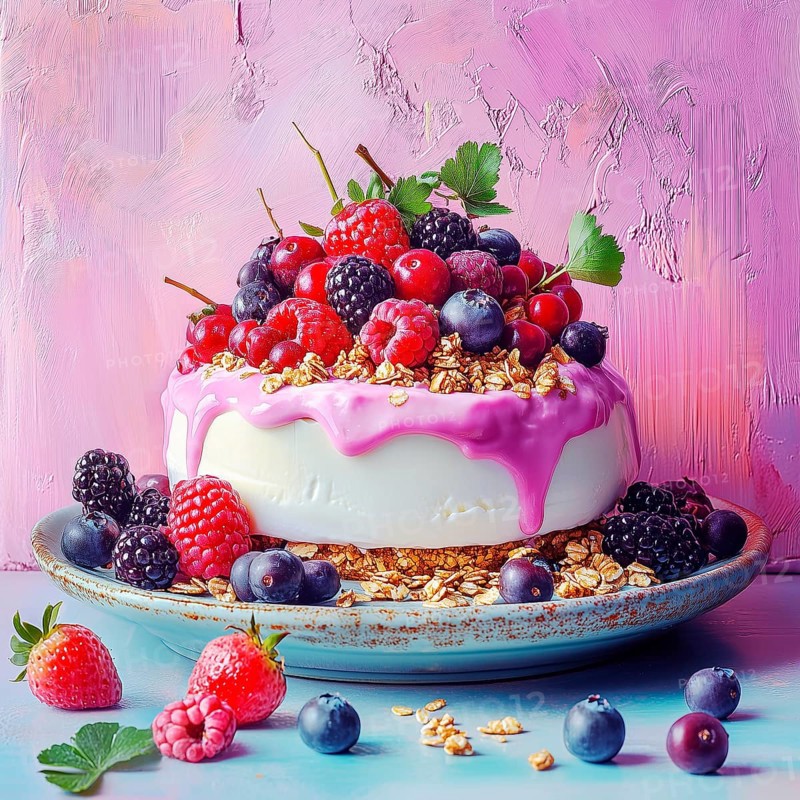 Curd dessert with granola and fresh berries, AI generated