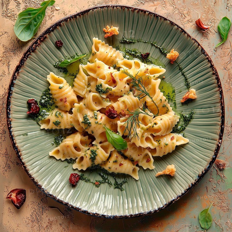 Gnocci with spices and pesto, on a clay plate, AI generated