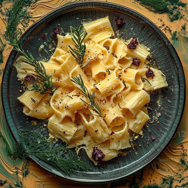 Pasta with cheese on a green plate, top view, AI generated