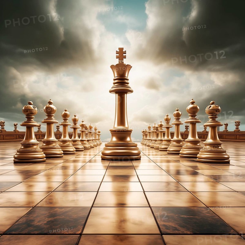 Storm clouds over the chess king, AI generated