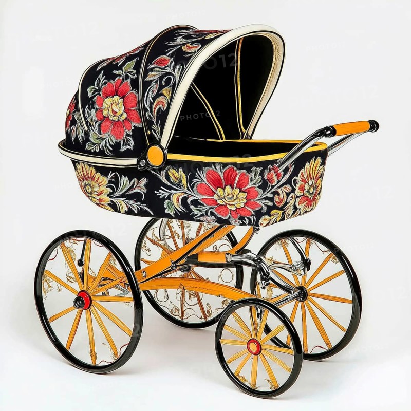 Baby stroller painted with Russian folk motifs, AI generated
