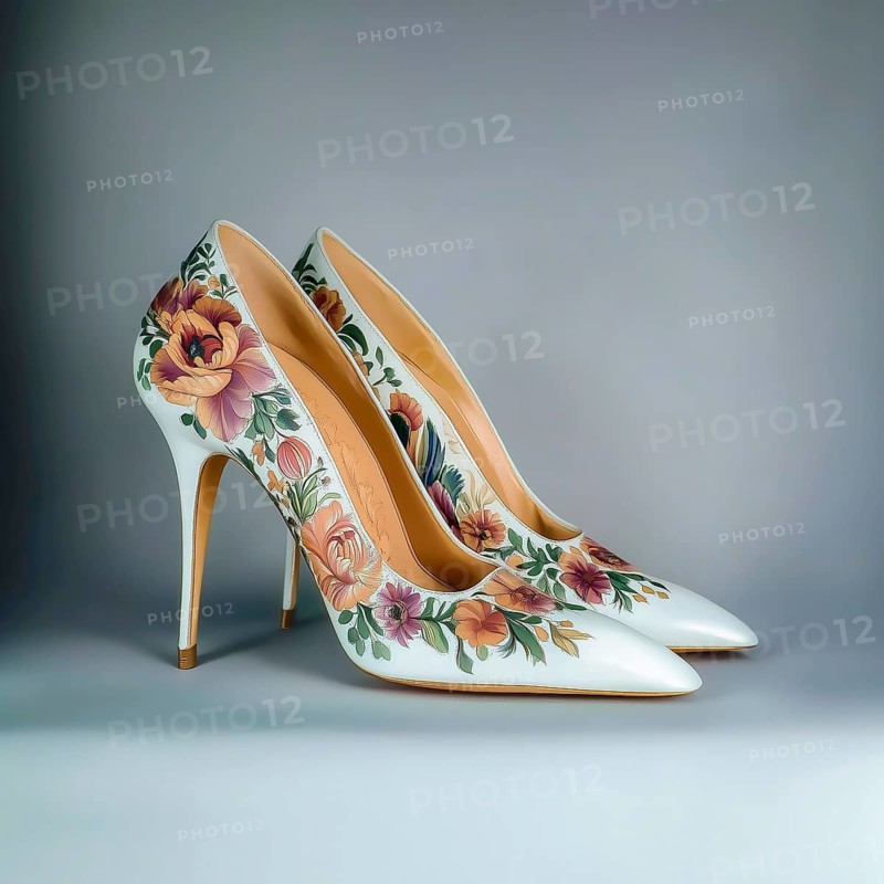 Women's dress shoes painted with floral motifs, isolate on a gray background, AI generated