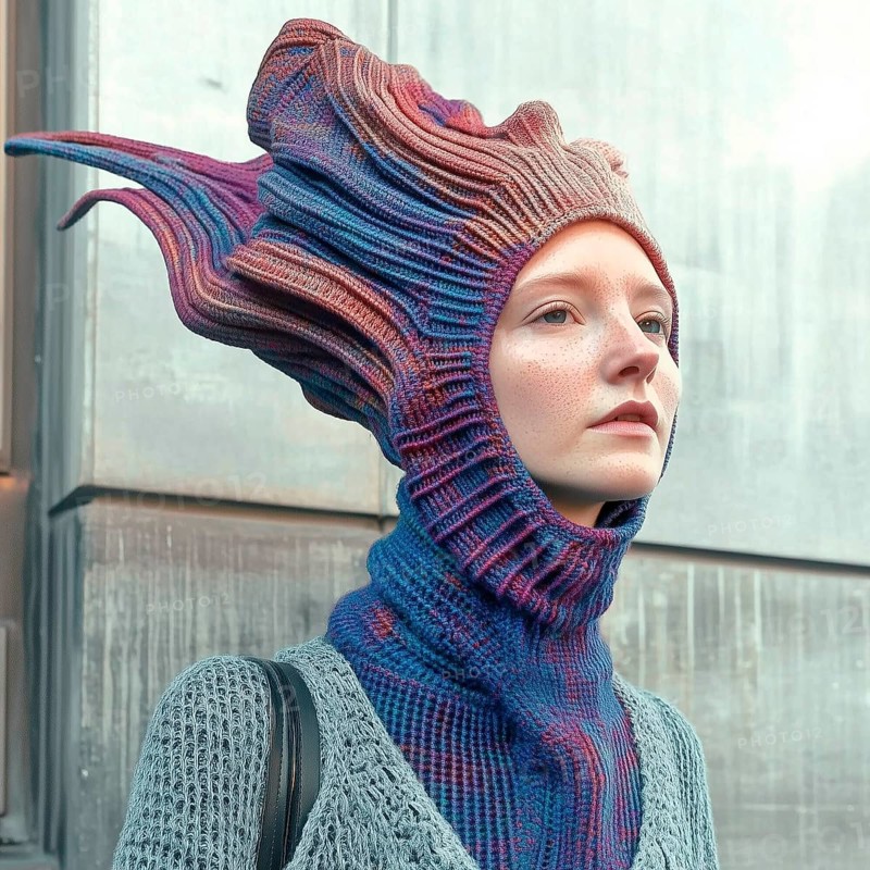Girl in a futuristic knitted hat, AI generated