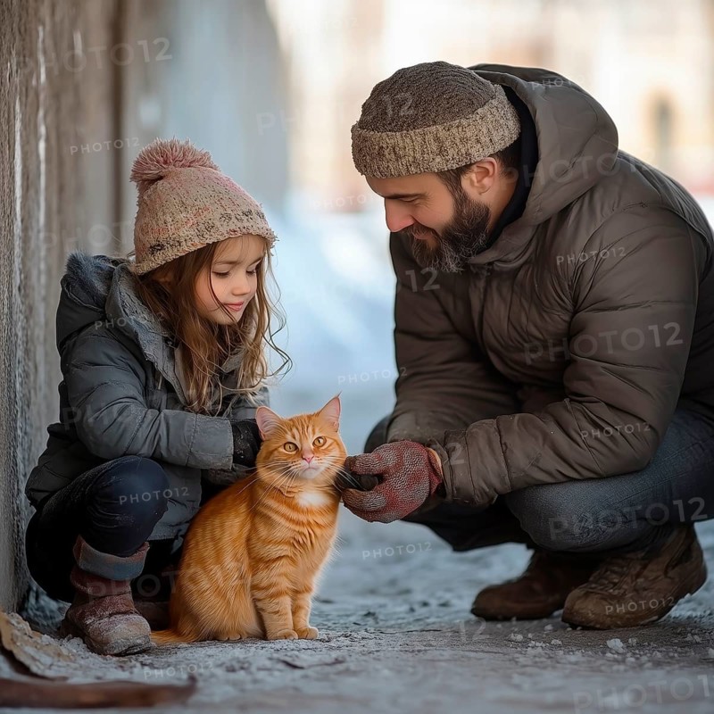 Father and little daughter play with a cat on the street, in winter, AI generated