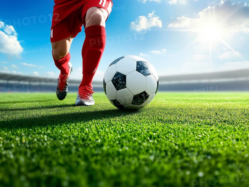 Football player's legs with a soccer ball on the grass, AI generated