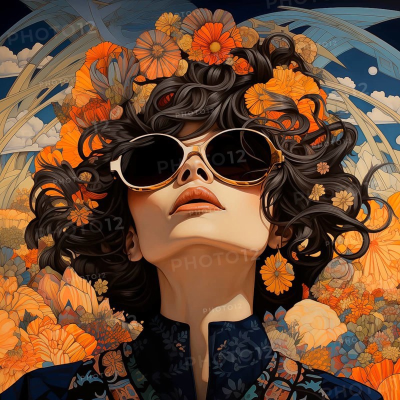 Woman with flowers in her hair, color illustration, AI generated