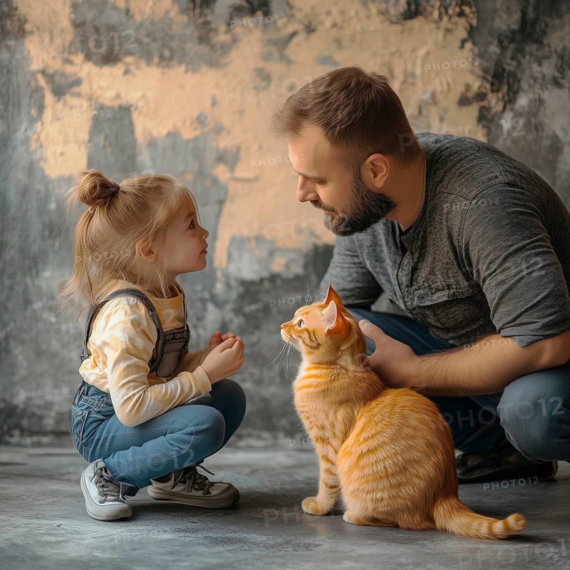 Father and daughter discussing cat care, AI generated