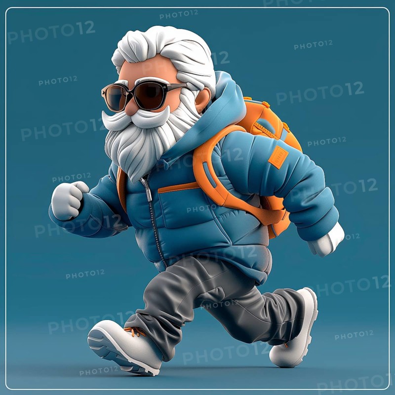 Stylish grandfather in winter clothes with a backpack on a blue background 3d, AI generated