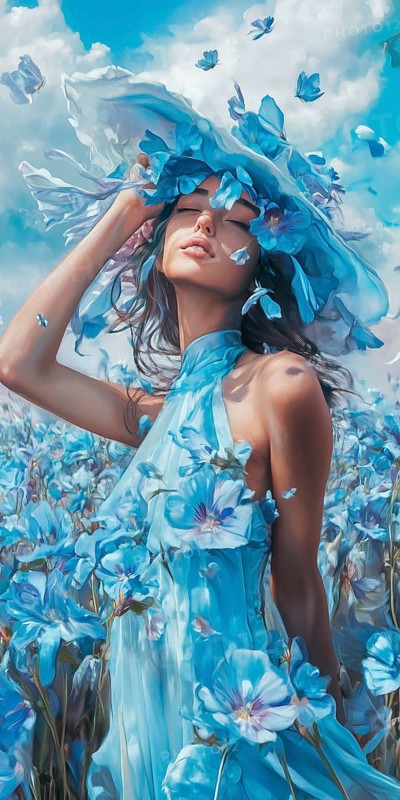 Romantic girl in blue clothes, oil painting, AI generated