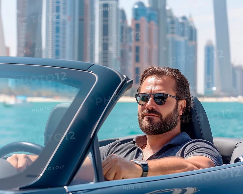 Successful man rides in a convertible against the backdrop of skyscrapers, AI generated