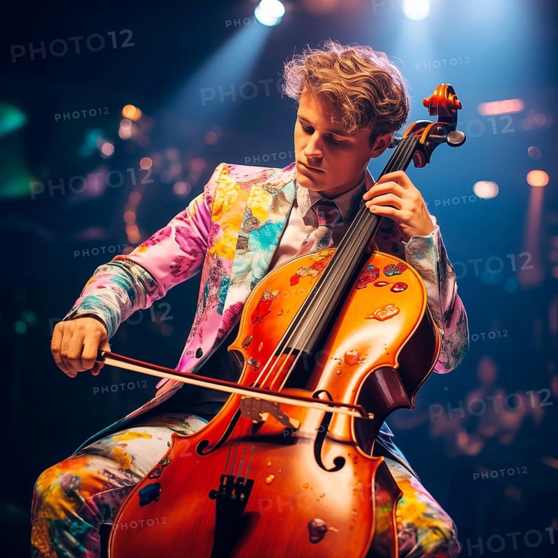 A young cellist performs on the stage of a chamber theater, AI generated