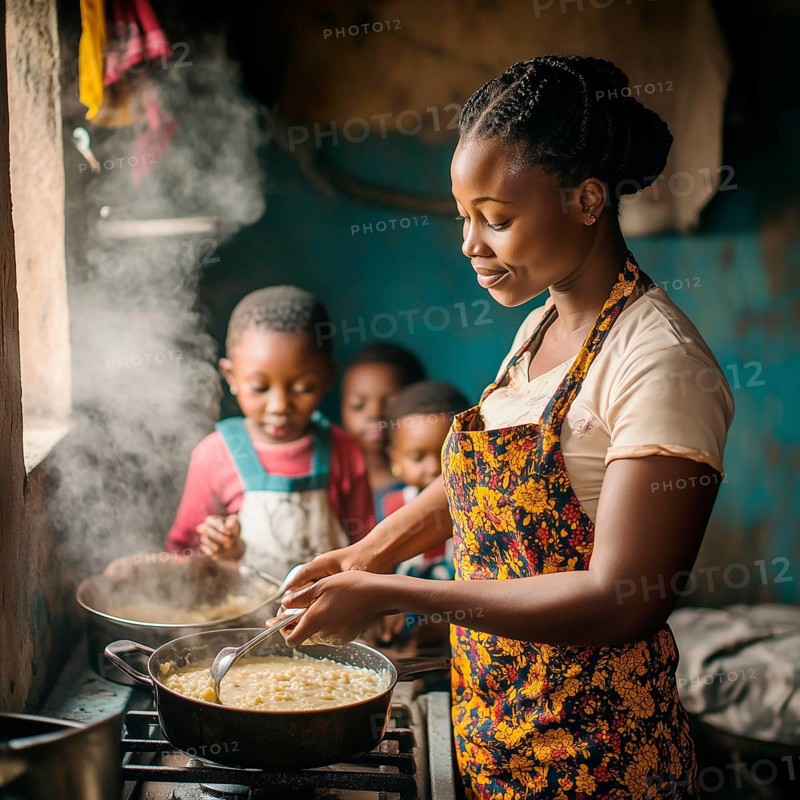 A woman with dark skin color cooks porridge for her small children in the kitchen, AI generated