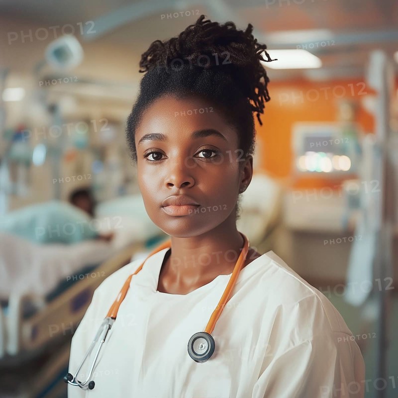 Portrait of a dark-skinned girl doctor in the hospital, AI generated