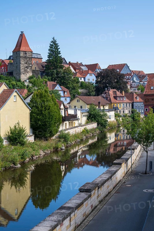 View of the old town on the river Hasslach, reflection, Kronach, Upper Franconia, Franconia, Bavaria, Germany