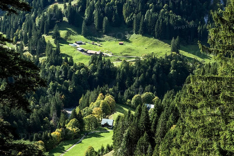 View of Einödsbach and the Rappenalp Valley with Buchrainer Alpe, Oberstdorf, Oberallgäu, Allgäu, Bavaria Germany