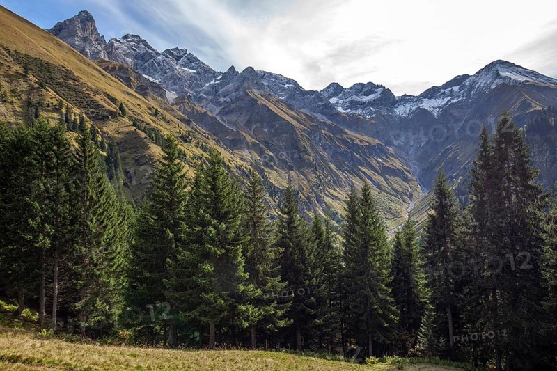 View of the Bacherloch Valley and the mountains of the Allgäu Alps with Trettachspitze, Mädelegabel, Hochfrottspitze, Wilder Mann and Linkerskopf, Einödsbach, Oberstdorf, Oberallgäu, Bavaria Germany