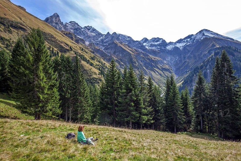Young woman sitting in a meadow and looking at the mountains of the Allgäu Alps with Trettachspitze, Mädelegabel, Hochfrottspitze, Wilder Mann and Linkerskopf, Einödsbach, Oberstdorf, Oberallgäu, Bavaria Germany