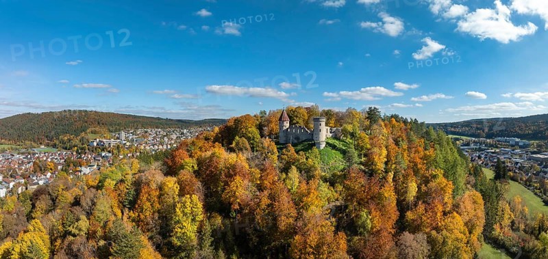 Aerial view, panorama of the ruins of Honburg Castle on the Honberg above the town of Tuttlingen, surrounded by autumn vegetation, Tuttlingen district, Black Forest, Baar, Heuberg, Baden-Württemberg, Germany