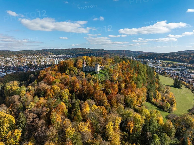 Aerial view of the ruins of Honburg Castle on the Honberg above the town of Tuttlingen, surrounded by autumn vegetation, Tuttlingen district, Black Forest, Baar, Heuberg, Baden-Württemberg, Germany