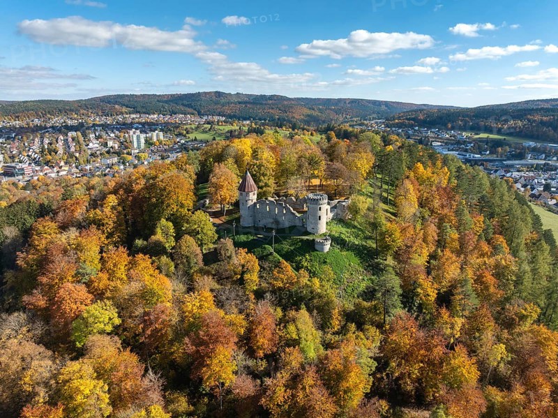 Aerial view of the ruins of Honburg Castle on the Honberg above the town of Tuttlingen, surrounded by autumn vegetation, Tuttlingen district, Black Forest, Baar, Heuberg, Baden-Württemberg, Germany