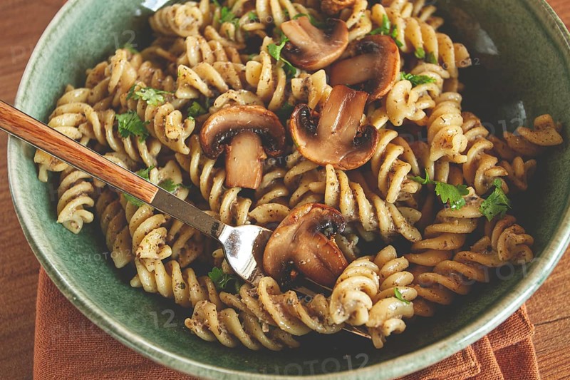 Fusilli pasta, in creamy mushroom sauce, pasta with mushrooms, homemade, no people