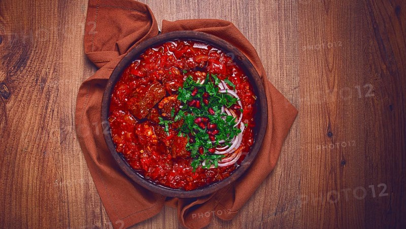 Chashushuli, a traditional Georgian dish, spicy, stewed meat with tomatoes and spices, homemade, no people