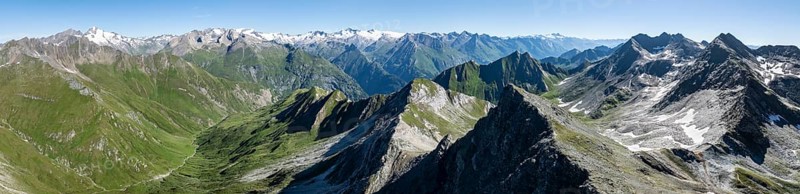 360° alpine panorama, aerial view with summit of Grossvenediger, Venediger Group and Lasörling Group, Hohe Tauern, Austria