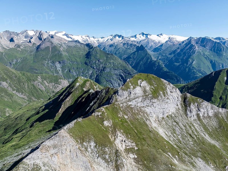 Alpine panorama, aerial view with summit of Großvenediger, Venediger Group and Lasörling Group, Hohe Tauern, Austria