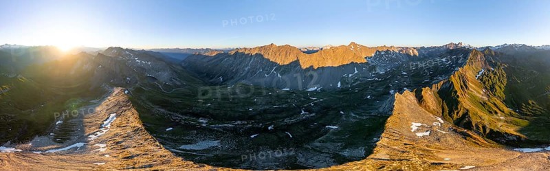 Sunrise 360° Alpine panorama, aerial view of Bachlenkenkopf, summit of the Großvenediger, Venediger Group and Lasörling Group, Hohe Tauern, Austria