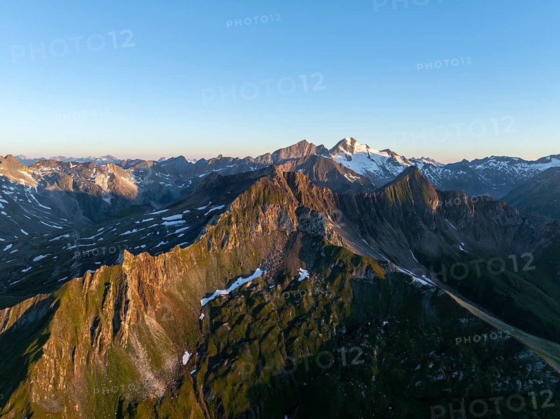 Alpine panorama, aerial view, summit of the Großvenediger, Venediger Group and Lasörling Group, Hohe Tauern, Austria